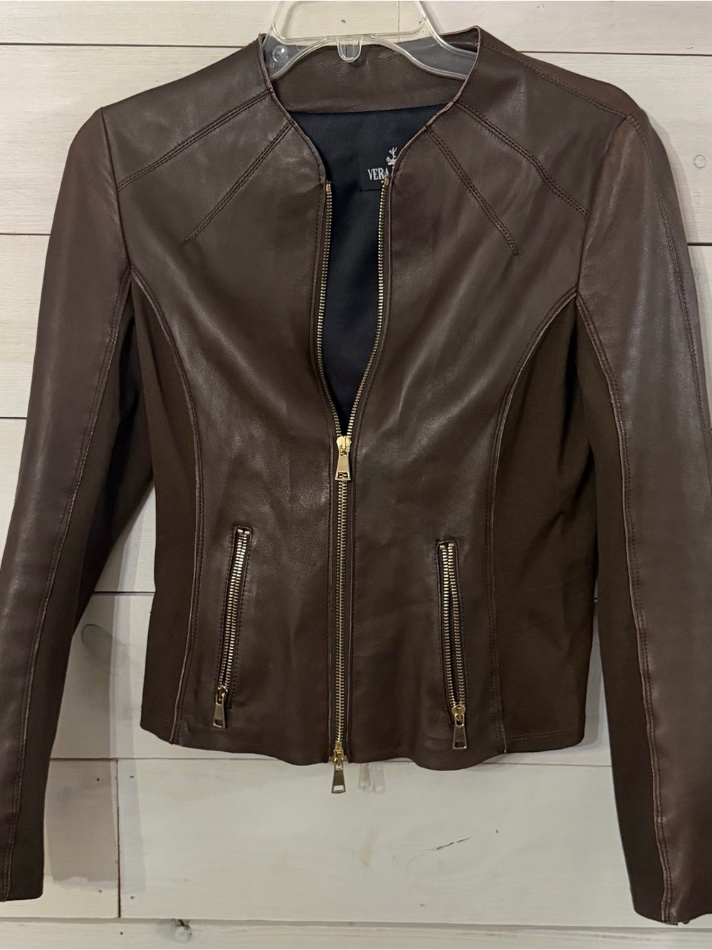Vera Pelle Women's Brown Leather Zip-Front Moto Brown Jacket Size Small